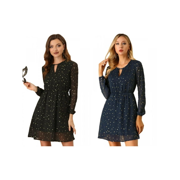 NOMADIC NOOK Women's Choker V Neck Vintage Flared Gilding Metallic Shiny Star A-Line Dress 2 Packs X-Large Dark Blue/Black