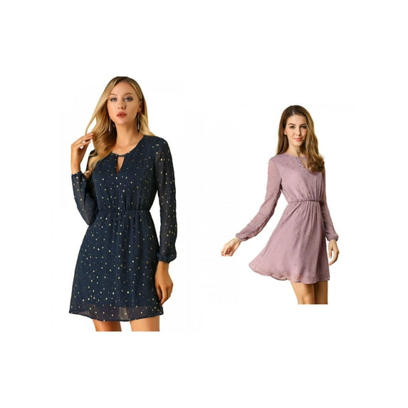 NOMADIC NOOK Women's Choker V Neck Vintage Flared Gilding Metallic Shiny Star A-Line Dress 2 Packs X-Small Dark Blue/Light Purple