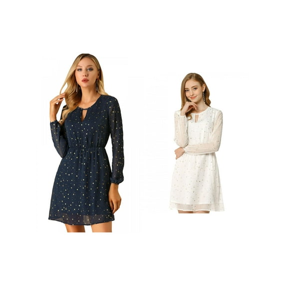 NOMADIC NOOK Women's Choker V Neck Vintage Flared Gilding Metallic Shiny Star A-Line Dress 2 Packs X-Small Dark Blue/White