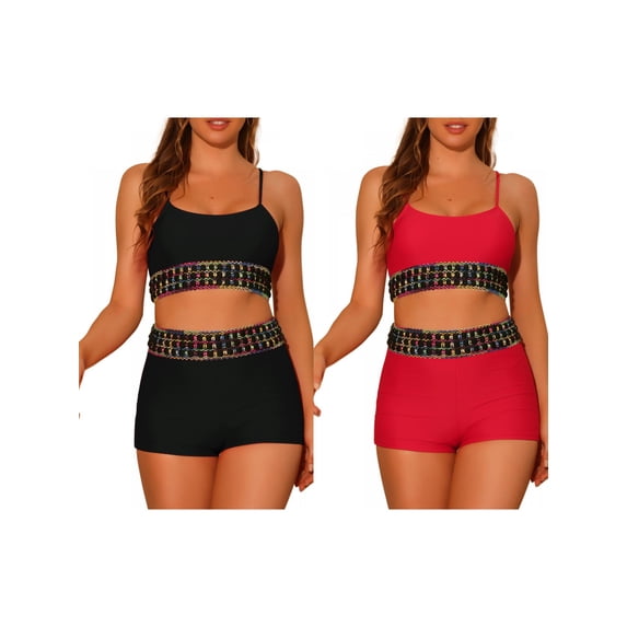 NOMADIC NOOK Women's Contrast Color Bikini Sets 2 Pieces High Waisted Scoop Neck Swimsuit Bathing Suit Combination Set Medium Black, Red