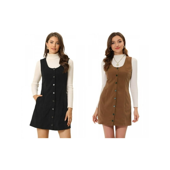 NOMADIC NOOK Women's Corduroy Button Down Scoop Neck Pockets Casual Pinafore Overall Dress 2 Packs X-Small Brown/Black