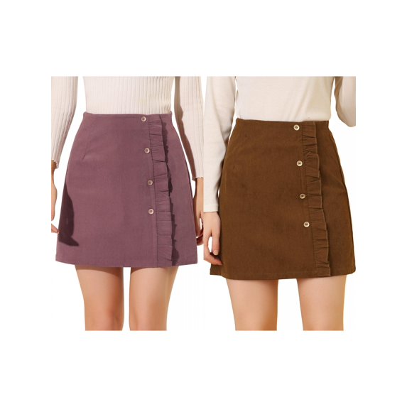 NOMADIC NOOK Women's Corduroy Vintage Button Decor Ruffled Trim High Waist Faux Wrap Skirt 2 Packs Small Brown/Dark Pink