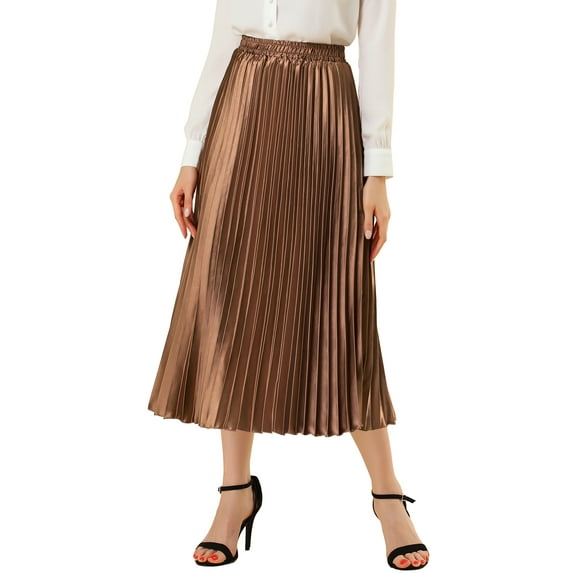 INSPIRE CHIC Women's Skirts Metallic Elastic Waist Midi Pleated Party Skirt L Brown
