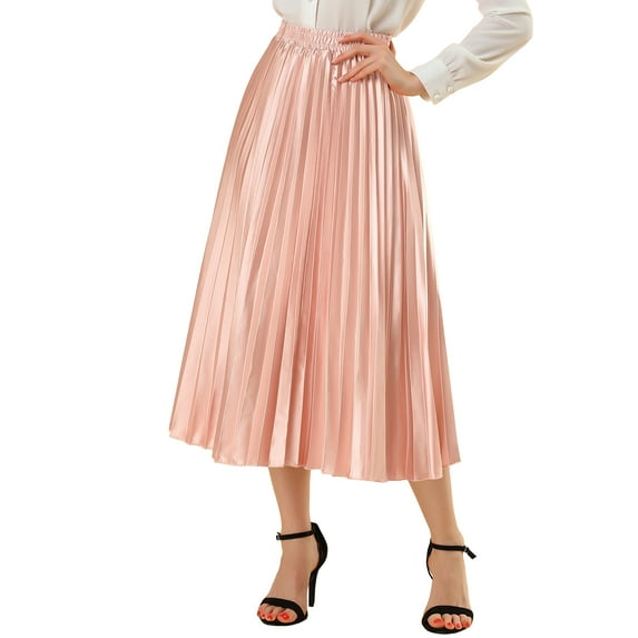 INSPIRE CHIC Women's Skirts Metallic Elastic Waist Midi Pleated Party Skirt L Pink