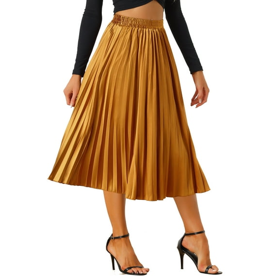 INSPIRE CHIC Women's Skirts Metallic Elastic Waist Midi Pleated Party Skirt M Orange