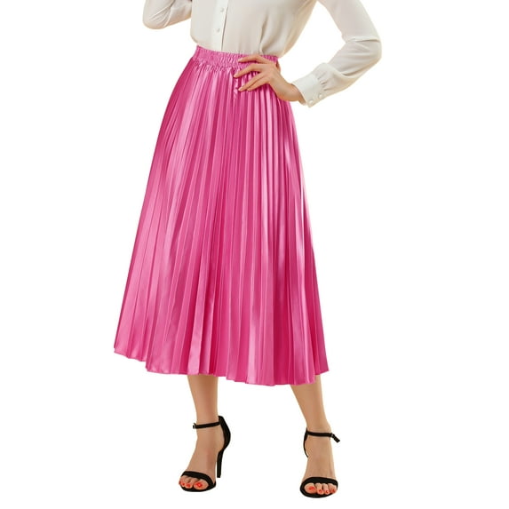 INSPIRE CHIC Women's Skirts Metallic Elastic Waist Midi Pleated Party Skirt M Rose Red