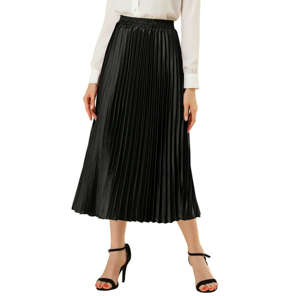 INSPIRE CHIC Women's Skirts Metallic Elastic Waist Midi Pleated Party Skirt S Black