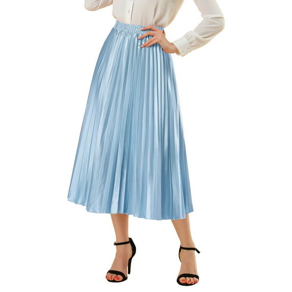 INSPIRE CHIC Women's Skirts Metallic Elastic Waist Midi Pleated Party Skirt S Blue
