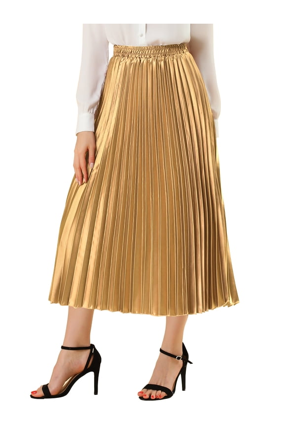 Women's Skirts Metallic Elastic Waist Midi Pleated Party Skirt XL Gold