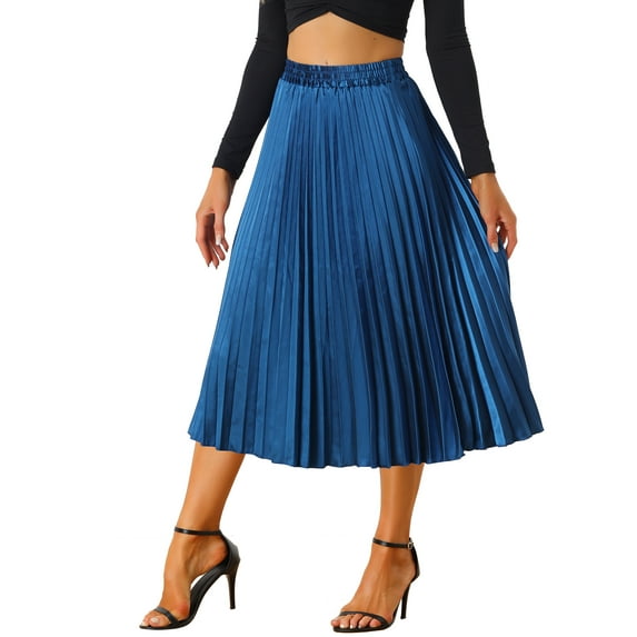 INSPIRE CHIC Women's Skirts Metallic Elastic Waist Midi Pleated Party Skirt XS Blue-1
