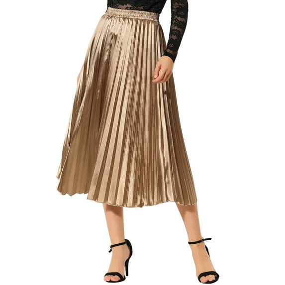 INSPIRE CHIC Women's Skirts Metallic Elastic Waist Midi Pleated Party Skirt XS Gold-Brown