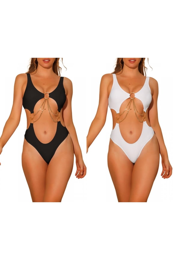 Women's Gold Chain Swimsuits V Neck Monokini, One Piece Cut Out Swimwear Bathing Suit Combination Set Large Black, White