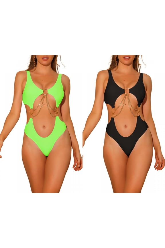Women's Gold Chain Swimsuits V Neck Monokini, One Piece Cut Out Swimwear Bathing Suit Combination Set Small Black, Fluorescent Green