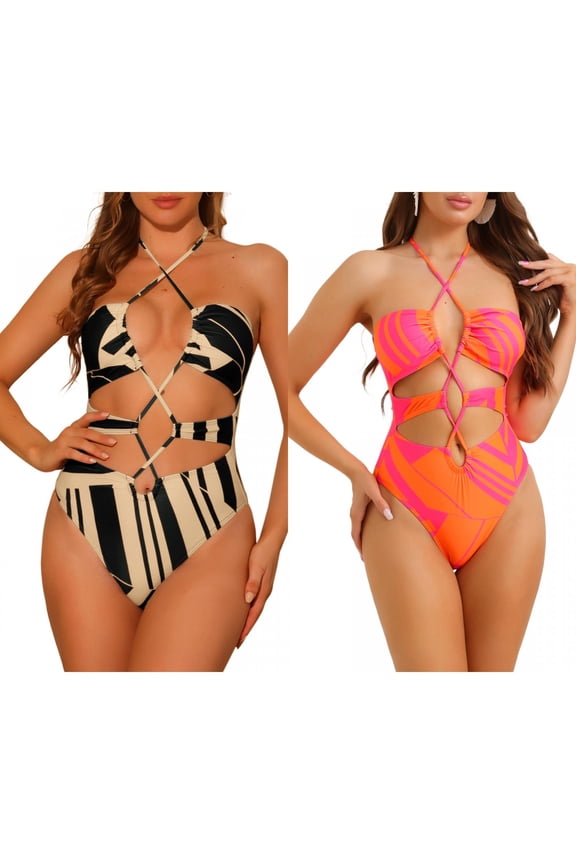 Women's Halter Allover Print Criss Cross Color Block Bikini 1 Piece String Cut Out Swimsuit Bathing Suits Combination Set X-Small Rose Red, Khaki