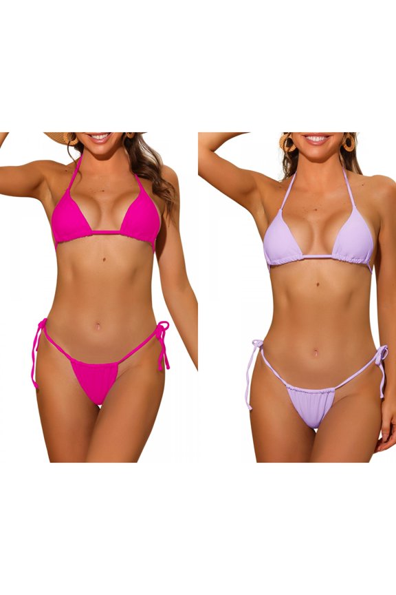 Women's Halter Tie Side Bikini Combination Sets, 2 Piece Drawstring Thong Triangle Bottoms Basic Swimsuits Bathing Suit Medium Purple, Fluorescent Hot Pink