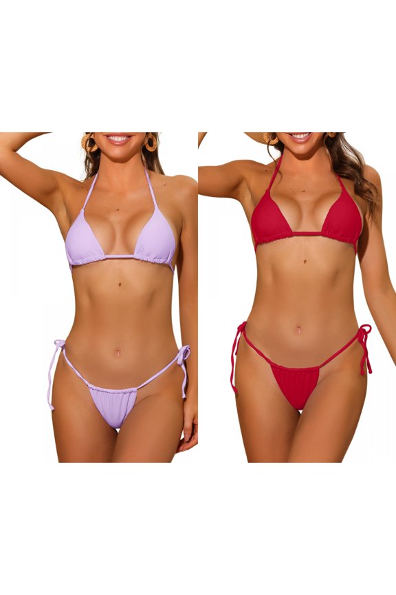 Women's Halter Tie Side Bikini Combination Sets, 2 Piece Drawstring Thong Triangle Bottoms Basic Swimsuits Bathing Suit Medium Purple, Red
