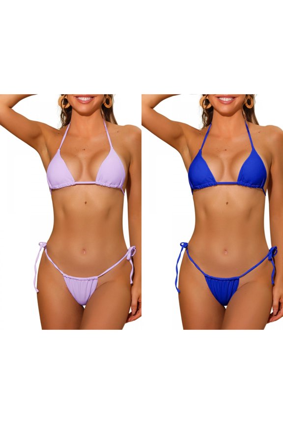 Women's Halter Tie Side Bikini Combination Sets, 2 Piece Drawstring Thong Triangle Bottoms Basic Swimsuits Bathing Suit Medium Purple, Royal Blue