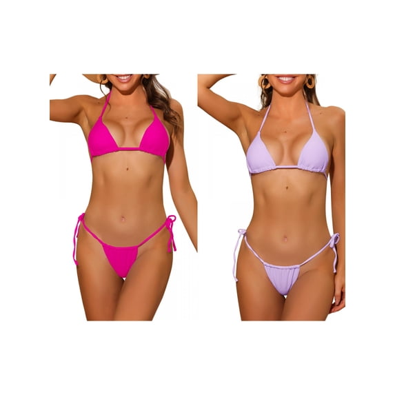 NOMADIC NOOK Women's Halter Tie Side Bikini Combination Sets, 2 Piece Drawstring Thong Triangle Bottoms Basic Swimsuits Bathing Suit Small Purple, Fluorescent Hot Pink