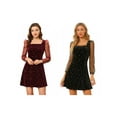 thumbnail image 1 of NOMADIC NOOK Women's Mesh Sheer Puff Long Sleeve Square Neck Shiny Star Velvet Mini Short Dress 2 Packs X-Large Black/Red, 1 of 8