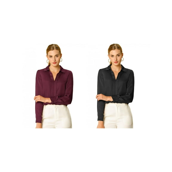 NOMADIC NOOK Women's Office Elegant V Neck Blouse Long Sleeve Work Shirt 2 Packs Small Wine Red/Black