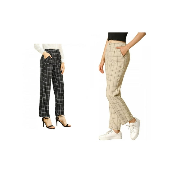 NOMADIC NOOK Women's Plaid Trousers Pockets Straight Leg Pants 2 Packs Medium Khaki/Black