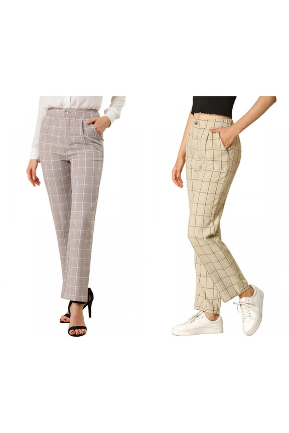 Women's Plaid Trousers Pockets Straight Leg Pants 2 Packs Medium Khaki/Camel