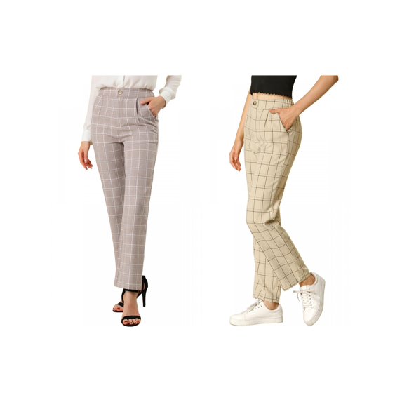 NOMADIC NOOK Women's Plaid Trousers Pockets Straight Leg Pants 2 Packs X-Large Khaki/Camel