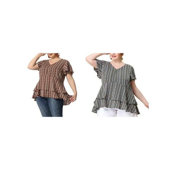 NOMADIC NOOK Women's Plus Size 2 Piece Boho Blouse Vintage Layered V Neck Flutter Sleeve Ruffle Hem Casual Peplum Top 4X Blue/Red