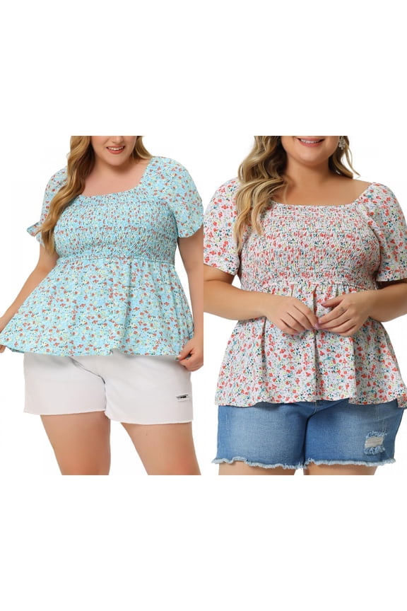 Women's Plus Size 2 Piece Casual Floral Blouses Square Neck Smocked Bow Tie Short Sleeve Summer Babydoll Tops 1X Light Blue/Pink