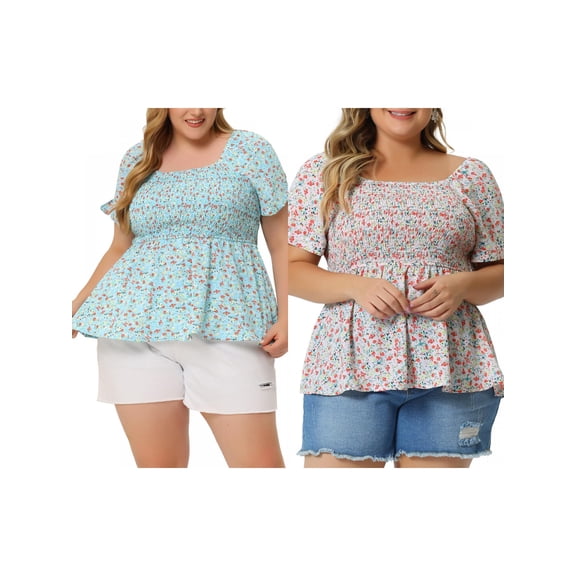 NOMADIC NOOK Women's Plus Size 2 Piece Casual Floral Blouses Square Neck Smocked Bow Tie Short Sleeve Summer Babydoll Tops 2X Light Blue/Pink