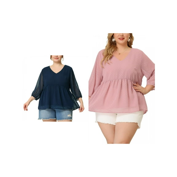 NOMADIC NOOK Women's Plus Size 2 Piece Chiffon Babydoll Tops Swiss Dots V Neck 3/4 Sleeve Casual Blouses 1X Pink/Dark Blue