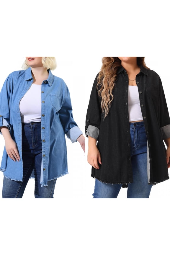 Women's Plus Size 2 Piece Denim Chambray Jackets Shirts Lapel Long Sleeve Casual Button Down Tops Wiht Chest Pocket 3X Blue/Black