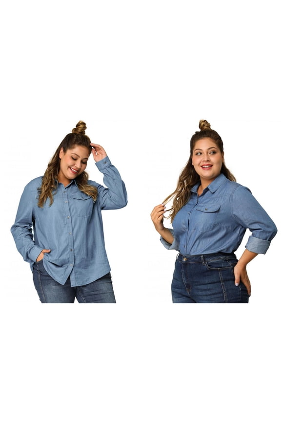 Women's Plus Size 2 Piece Denim Chambray Shirt Stripe Long Sleeve Chest Pocket Casual Button Up Blouse 2X Blue/Light Blue