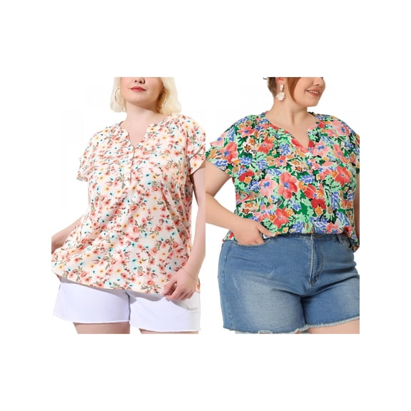NOMADIC NOOK Women's Plus Size 2 Piece Floral Tops Ruffle Trim Notched Neck Buttons Layered Short Sleeve Casual Blouse 1X Pink/Green