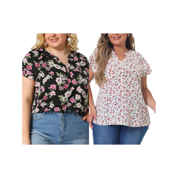 NOMADIC NOOK Women's Plus Size 2 Piece Floral Tops Ruffle Trim Notched Neck Buttons Layered Short Sleeve Casual Blouse 2X Pink White/Black