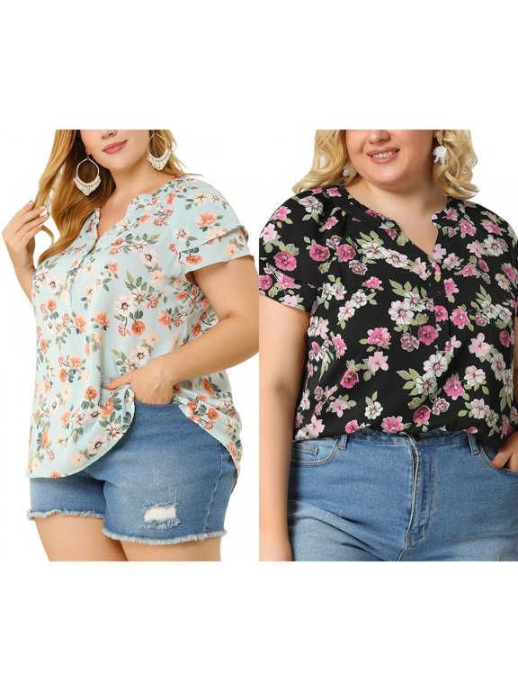 Women's Plus Size 2 Piece Floral Tops Ruffle Trim Notched Neck Buttons Layered Short Sleeve Casual Blouse 4X Light Blue/Black