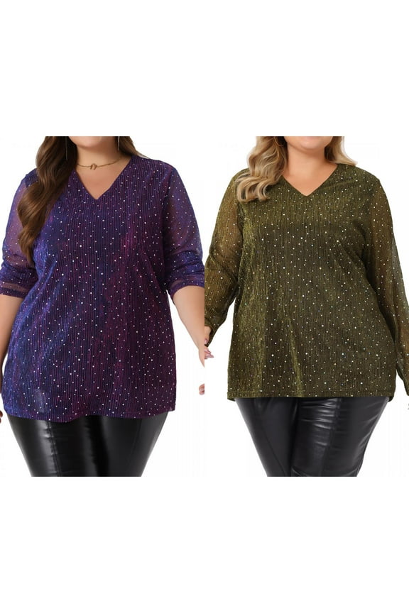 Women's Plus Size 2 Piece Sequin Tops Sparkly Glitter Long Sheer Sleeve V Neck Casual Rhinestone Blouse 1X Gold/Blue Purple