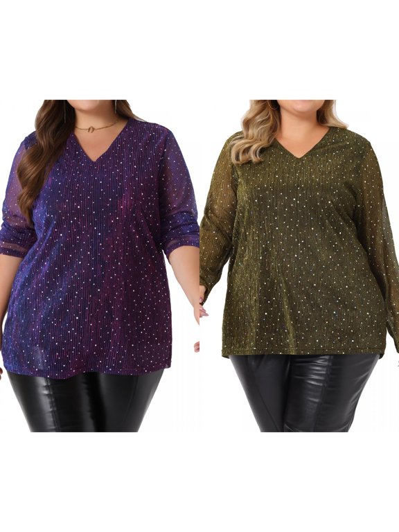 Women's Plus Size 2 Piece Sequin Tops Sparkly Glitter Long Sheer Sleeve V Neck Casual Rhinestone Blouse 2X Gold/Blue Purple