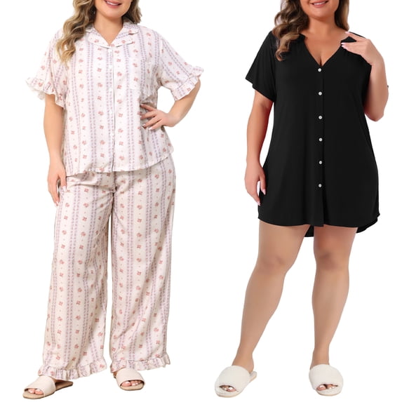NOMADIC NOOK Women's Plus Size 2 Piece Split Neck Sleepshirt and Flower Pattern Short Sleeve Comfy Pajamas Set 2X Beige/Black