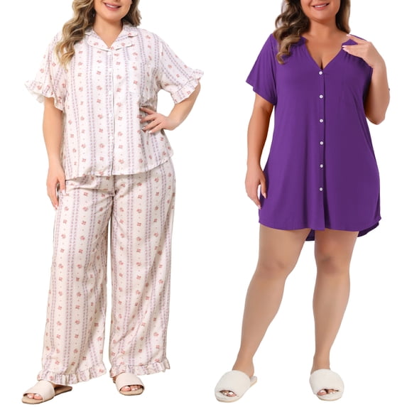 NOMADIC NOOK Women's Plus Size 2 Piece Split Neck Sleepshirt and Flower Pattern Short Sleeve Comfy Pajamas Set 3X Beige/Purple