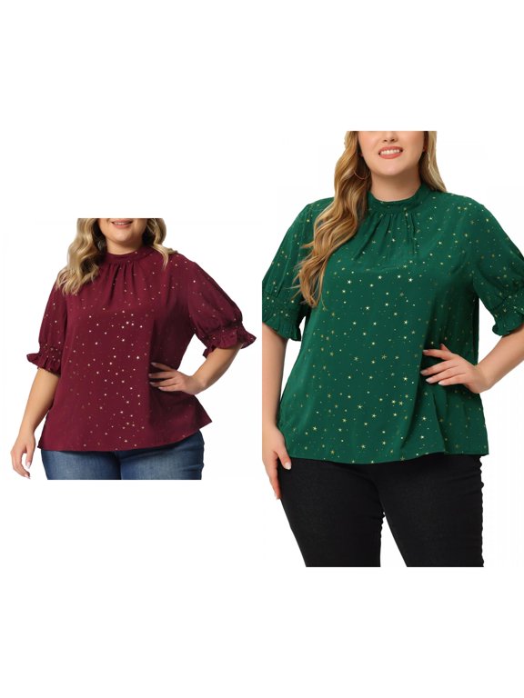 Women's Plus Size 2 Piece Star Print Tops Sparkly Pleated Mock Neck Puff Sleeve Casual Blouse 1X Green/Red