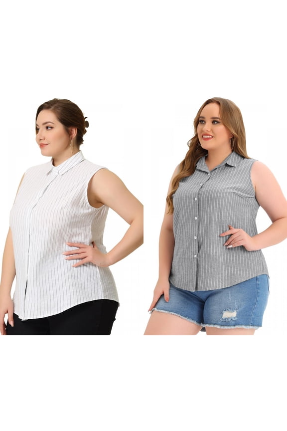 Women's Plus Size 2 Piece Striped Summer Tops Lapel Sleeveless Button Down Casual Shirts 2X White/Black