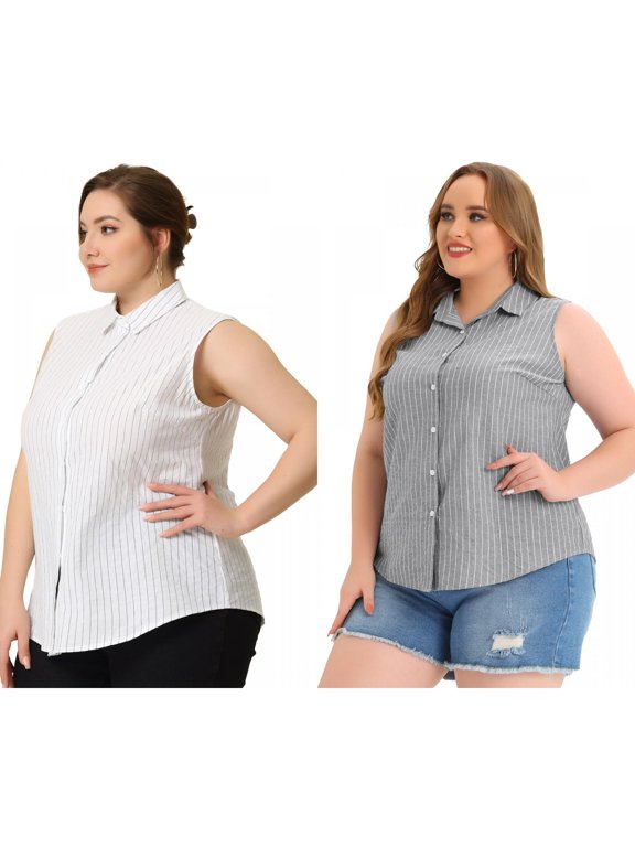 Women's Plus Size 2 Piece Striped Summer Tops Lapel Sleeveless Button Down Casual Shirts 3X White/Black
