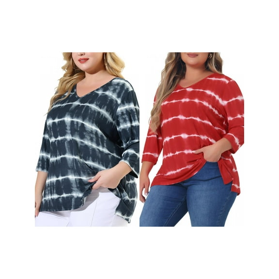 NOMADIC NOOK Women's Plus Size 2 Piece Tye Dye T-shirt Side Slit Casual Stripe Blouse V Neck 3/4 Sleeve Tunic Top 1X Grey/Red