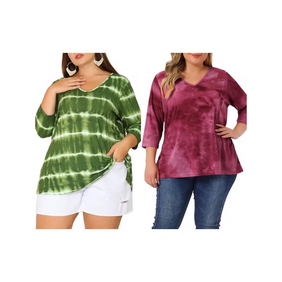 NOMADIC NOOK Women's Plus Size 2 Piece Tye Dye T-shirt Side Slit Casual Stripe Blouse V Neck 3/4 Sleeve Tunic Top 1X Hot Pink/Green