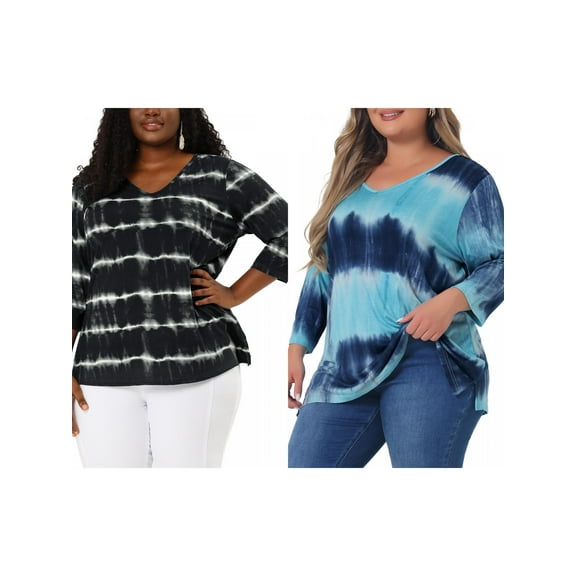 NOMADIC NOOK Women's Plus Size 2 Piece Tye Dye T-shirt Side Slit Casual Stripe Blouse V Neck 3/4 Sleeve Tunic Top 2X Black/Lake Blue