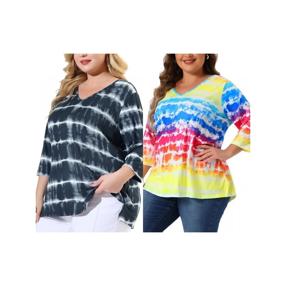 NOMADIC NOOK Women's Plus Size 2 Piece Tye Dye T-shirt Side Slit Casual Stripe Blouse V Neck 3/4 Sleeve Tunic Top 2X Grey/Rainbow