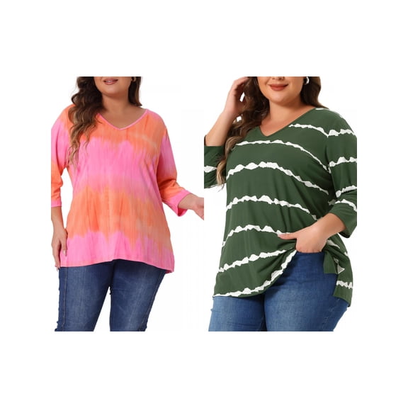 NOMADIC NOOK Women's Plus Size 2 Piece Tye Dye T-shirt Side Slit Casual Stripe Blouse V Neck 3/4 Sleeve Tunic Top 3X Dark Green/Pink