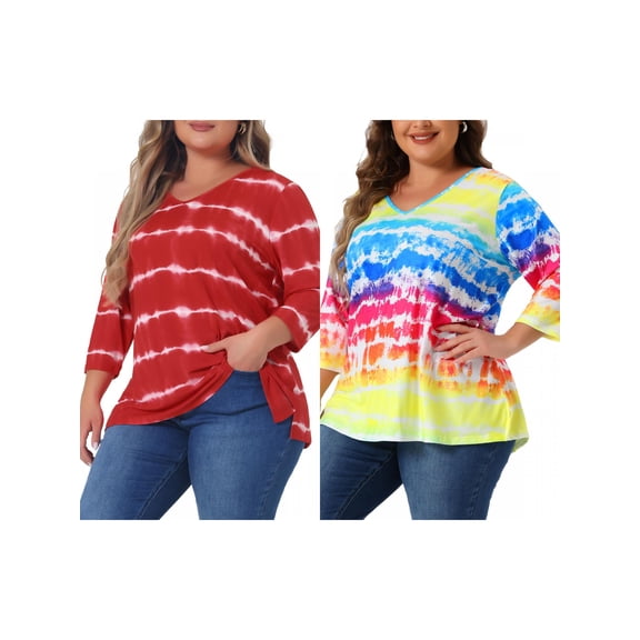 NOMADIC NOOK Women's Plus Size 2 Piece Tye Dye T-shirt Side Slit Casual Stripe Blouse V Neck 3/4 Sleeve Tunic Top 4X Rainbow/Red