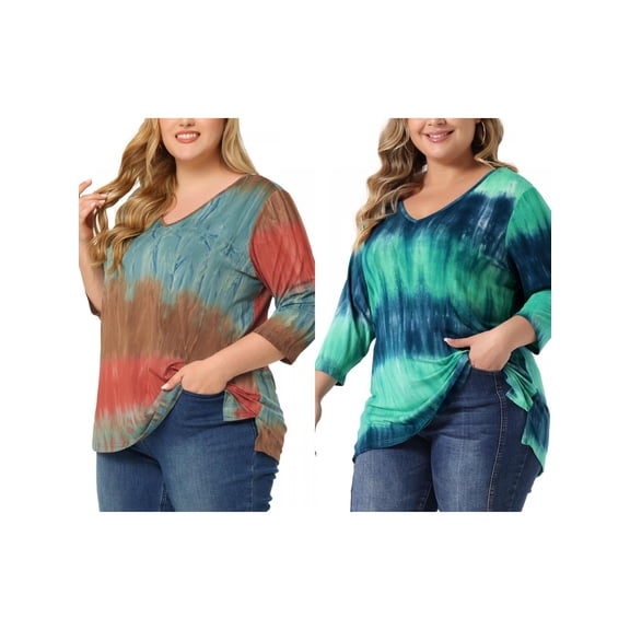 NOMADIC NOOK Women's Plus Size 2 Piece Tye Dye T-shirt Side Slit Casual Stripe Blouse V Neck 3/4 Sleeve Tunic Top 4X Tiedye Green/Multicolor